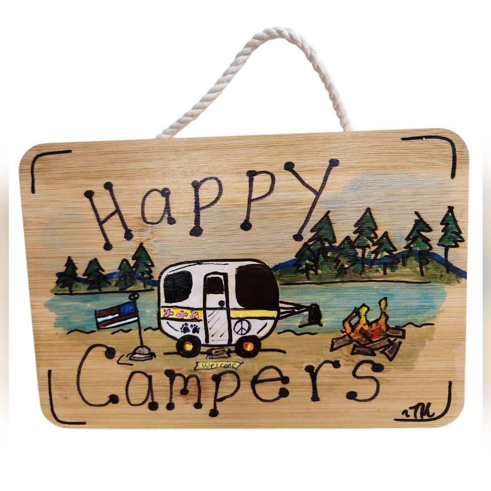 Happy Campers Hand Painted Wall Art Sign Wall Decor Hand Crafted on Bamboo 6 X 9